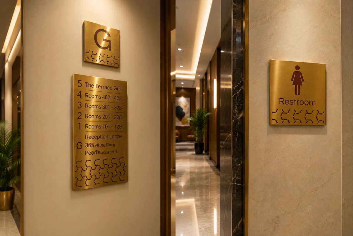 Brass floor directory and restroom wayfinding plaques in a hotel corridor