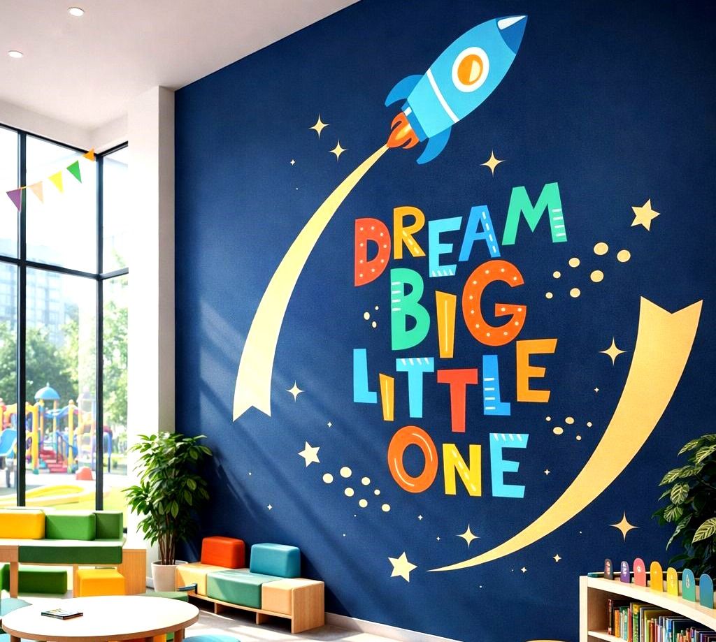 Dream Big Little One wall mural in a kids reading zone