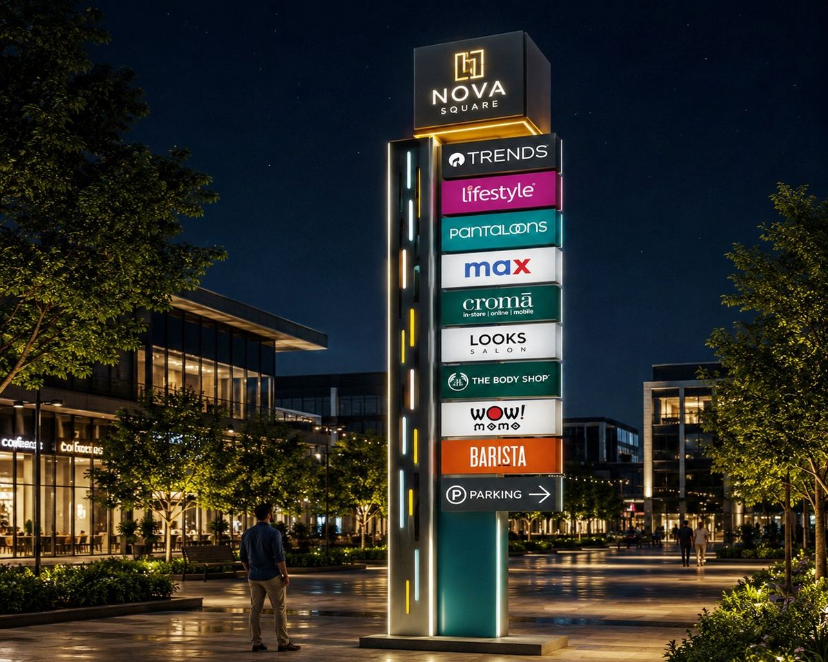 Nova Square multi-tenant retail pylon with illuminated brand panels