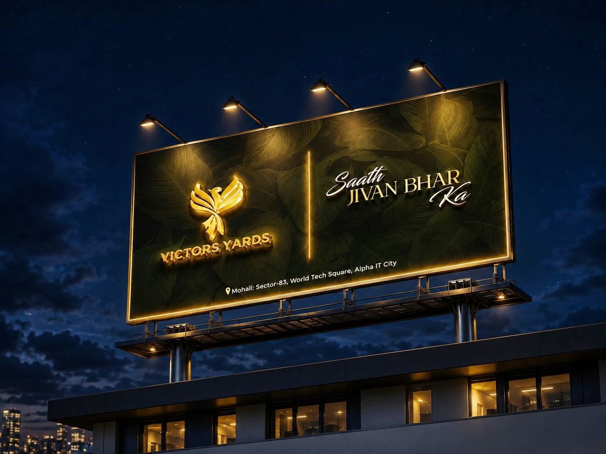 Victors Yards backlit billboard hoarding at night
