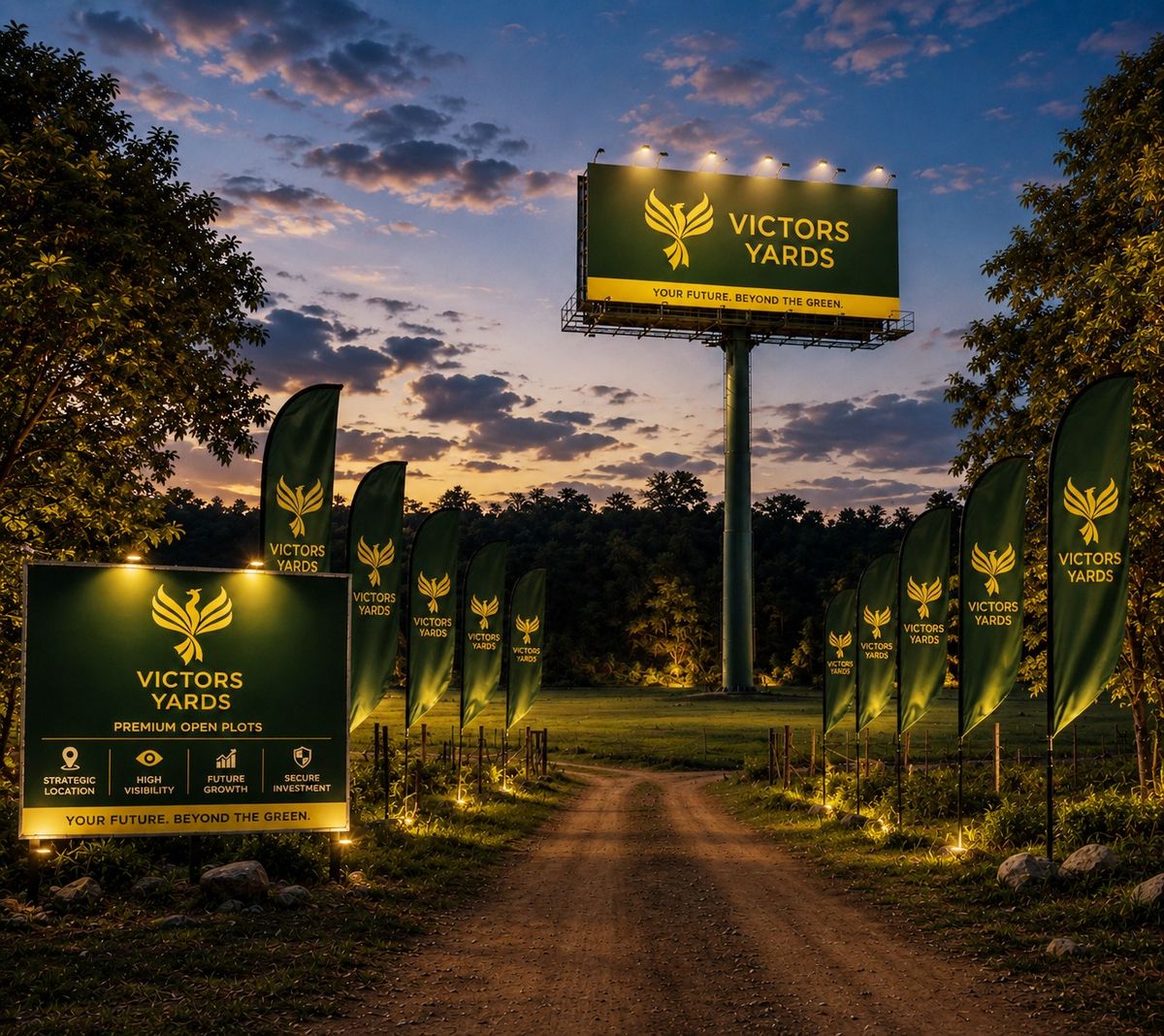 Victors Yards site branding with billboard, flags and entrance board